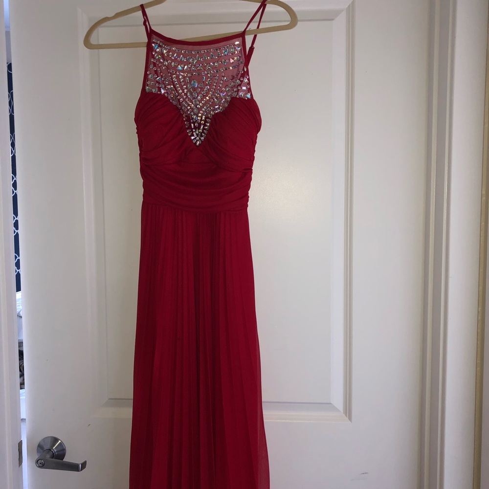 Red bedazzled halter gown